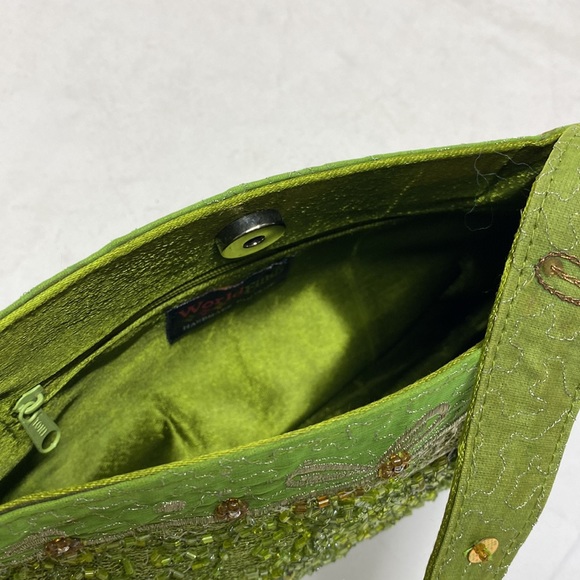 NWT World Finds Green Indian Sari Bowling Handmade Beaded Handbag - Picture 15 of 15